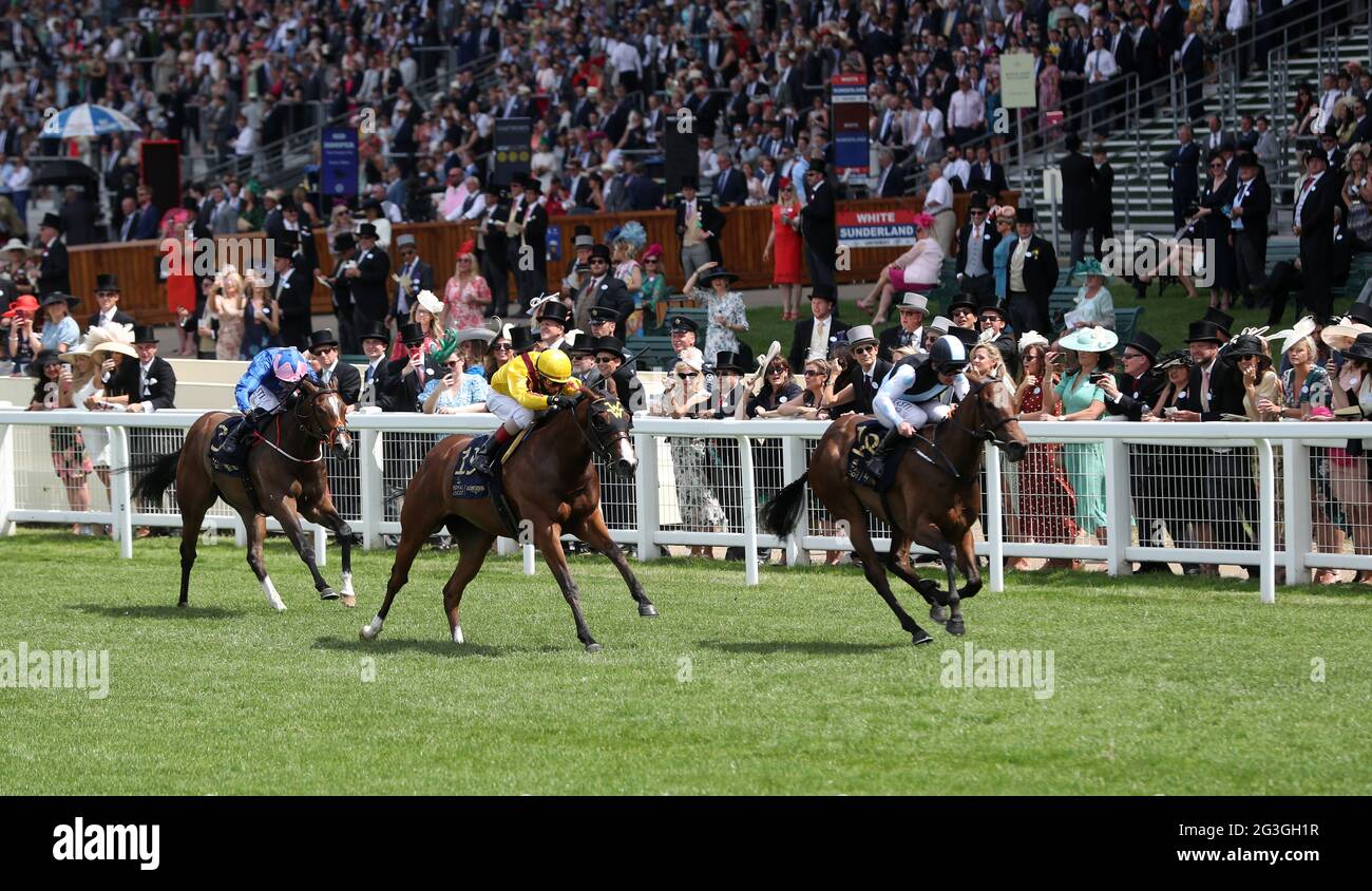 Quick Suzy and Gary Carroll (right) coming home to win the Queen Mary Stakes during day two of Royal Ascot at Ascot Racecourse. Picture date: Wednesday June 16, 2021. Stock Photo