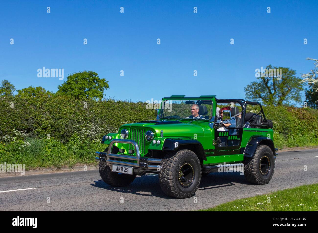1999 90s nineties Green EAGLE RV 8 REPLICA  ES V8I 95 SUV  4554 cc petrol gas  en-route to Capesthorne Hall classic May car show, Cheshire, UK Stock Photo