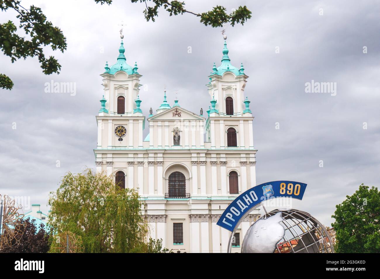 GRODNO, BELARUS - MAY 22, 2021: Cathedral of Saint Francis Xavier in Grodno, Belarus. Farny Catholic church facade and sign Grodno 890 Stock Photo