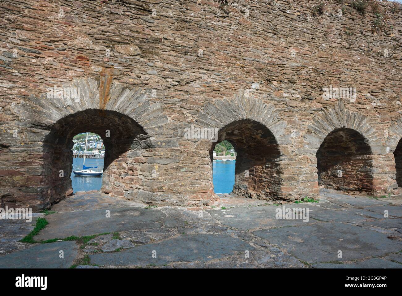 Bayard's Cove Fort, view of the firing holes, or embrasures, inside the remains of the Tudor era Bayard's Cove Fort above the River Dart, Dartmouth UK Stock Photo
