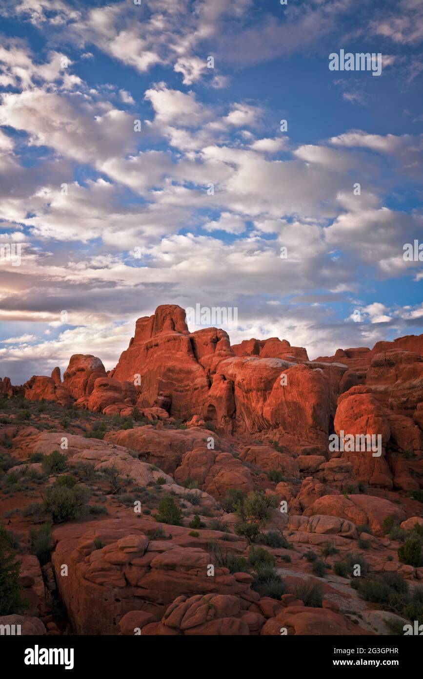 Late evening light bathes some of the many sandstone formations called fins among the  Fiery Furnace in Utah’s Arches National Park. Stock Photo