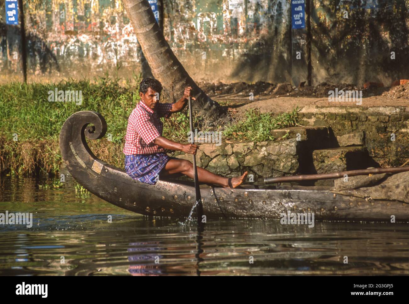 KERALA, INDIA Man paddles canoe on Backwaters canal Stock Photo Alamy