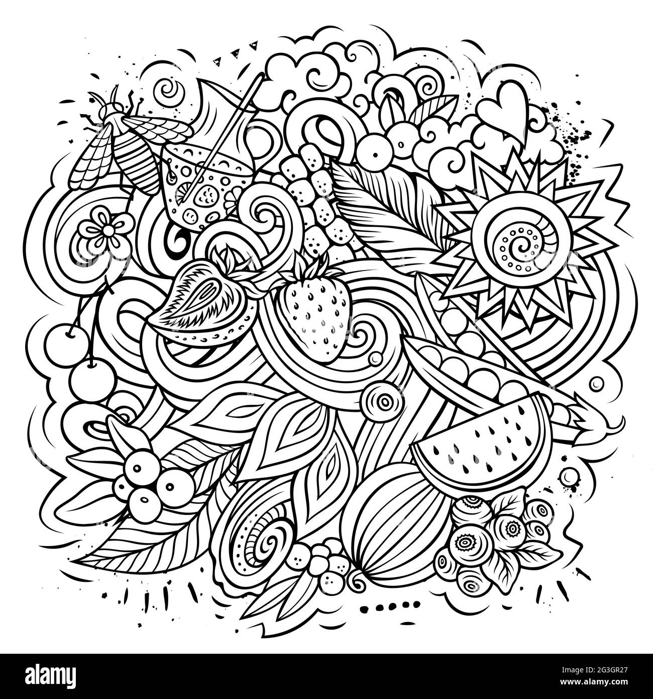 Summer nature vector doodles illustration. Summertime elements and ...