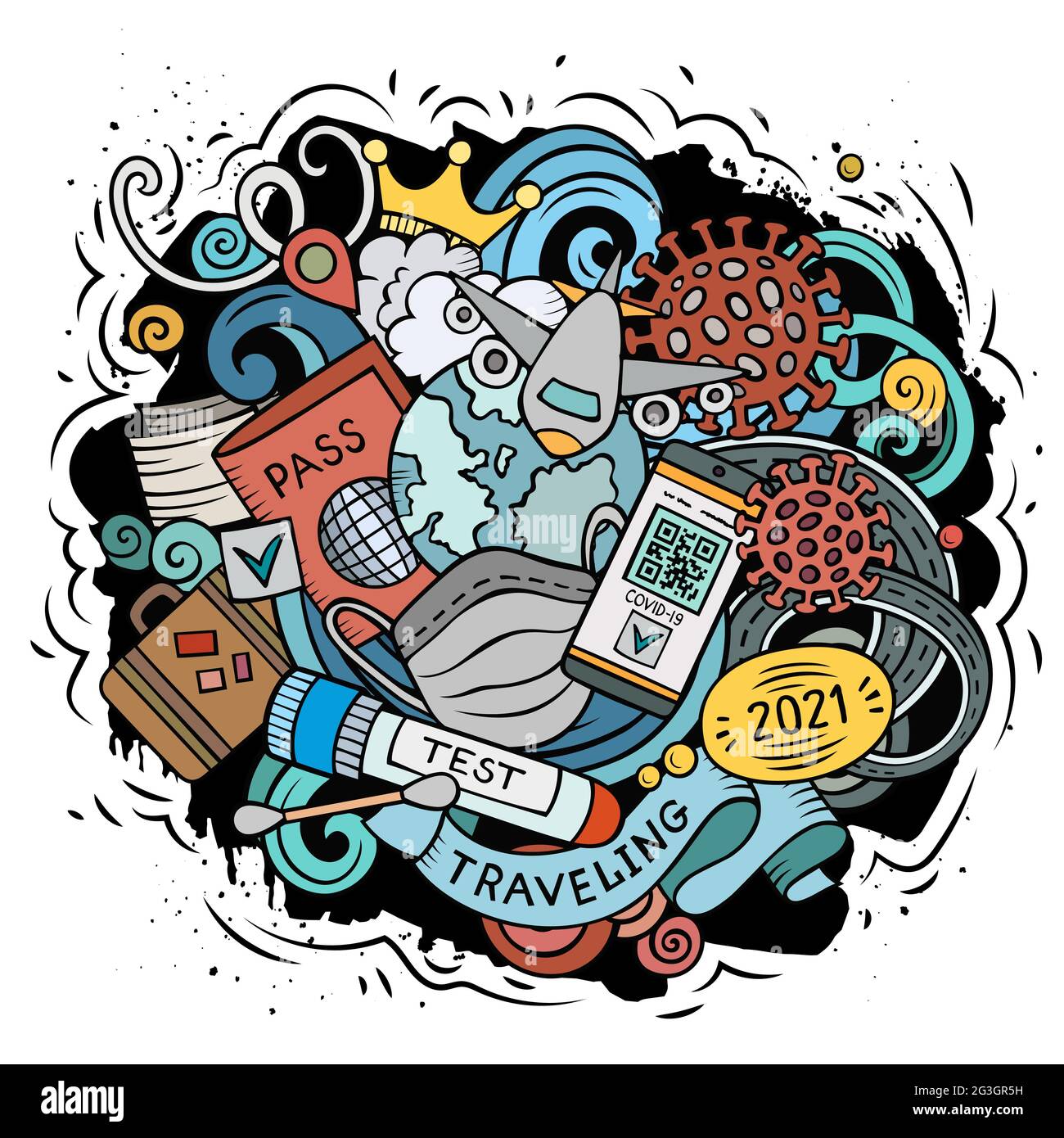 Traveling vector doodles illustration. New normal elements and objects ...