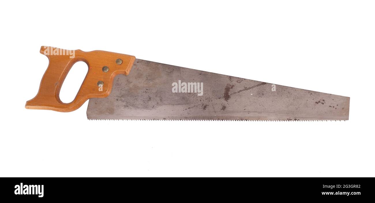 Rusted antique carpenters hand saw with wood handle Stock Photo Alamy