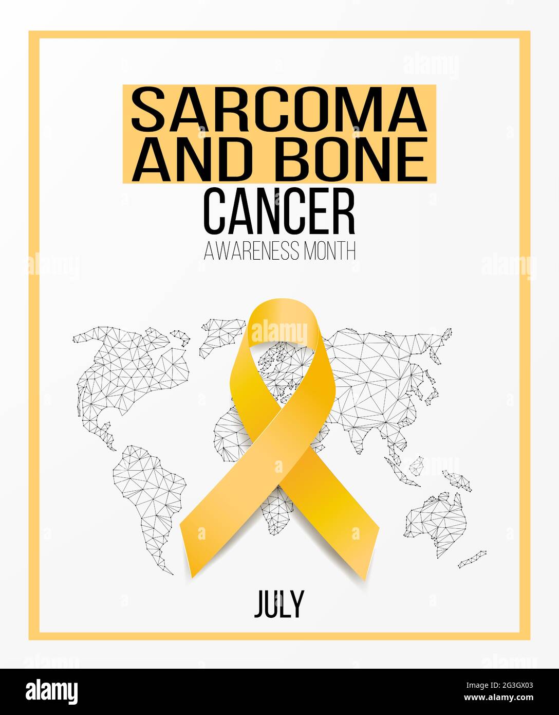 Sarcoma cancer awareness month concept. Banner template with yellow ribbon, text and world map. Vector illustration. Stock Vector