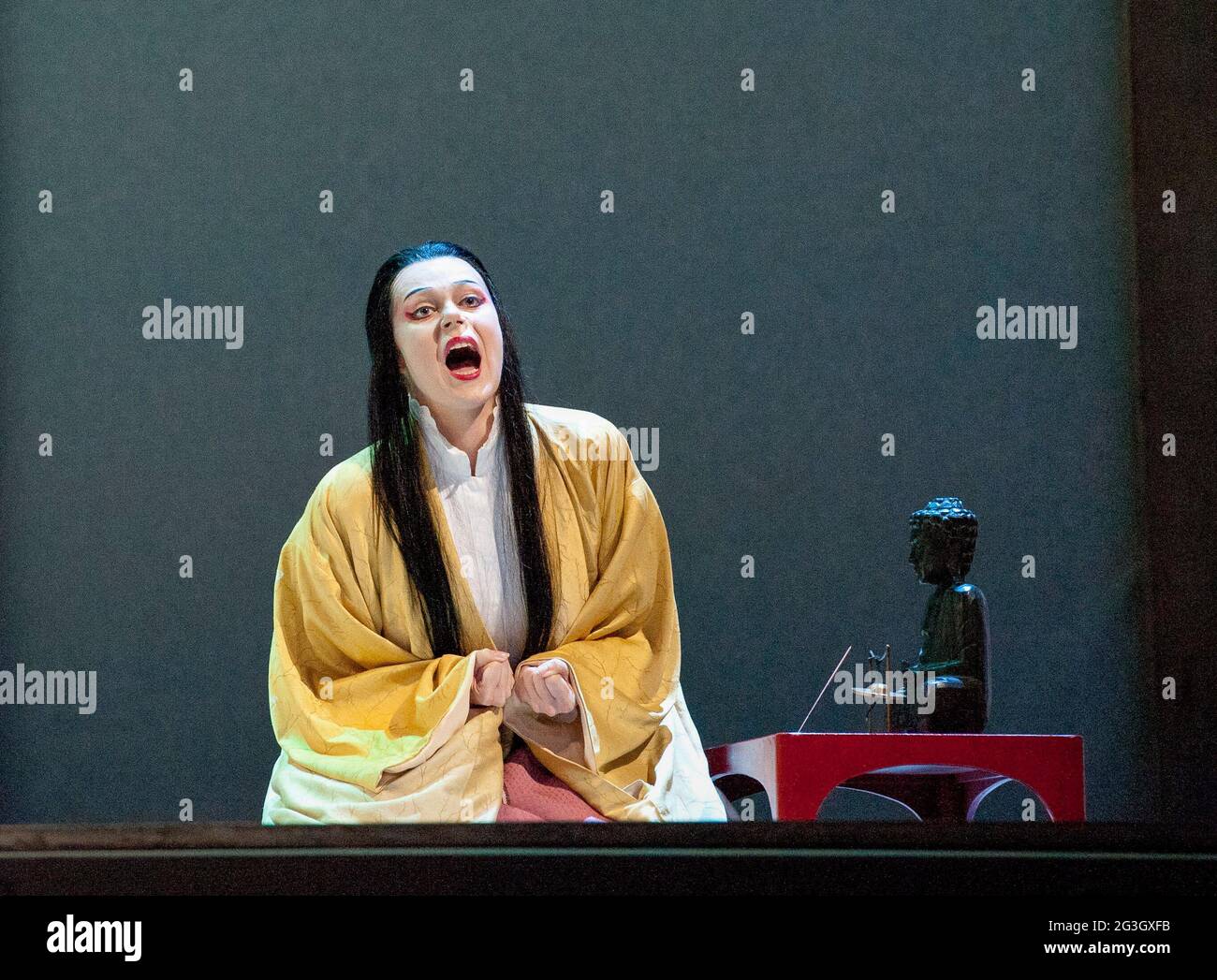 Kristine Opolais (Cio-Cio-San / Madam Butterfly) in MADAMA BUTTERFLY by Puccini at The Royal Opera, Covent Garden, London WC2   25/06/2011   conductor: Andrew Nelsons  set design: Christian Fenouillat  costumes: Agostino Cavalca  lighting: Christophe Forey  original directors: Moshe Leiser & Patrice Caurier  revival director: Justin Way Stock Photo