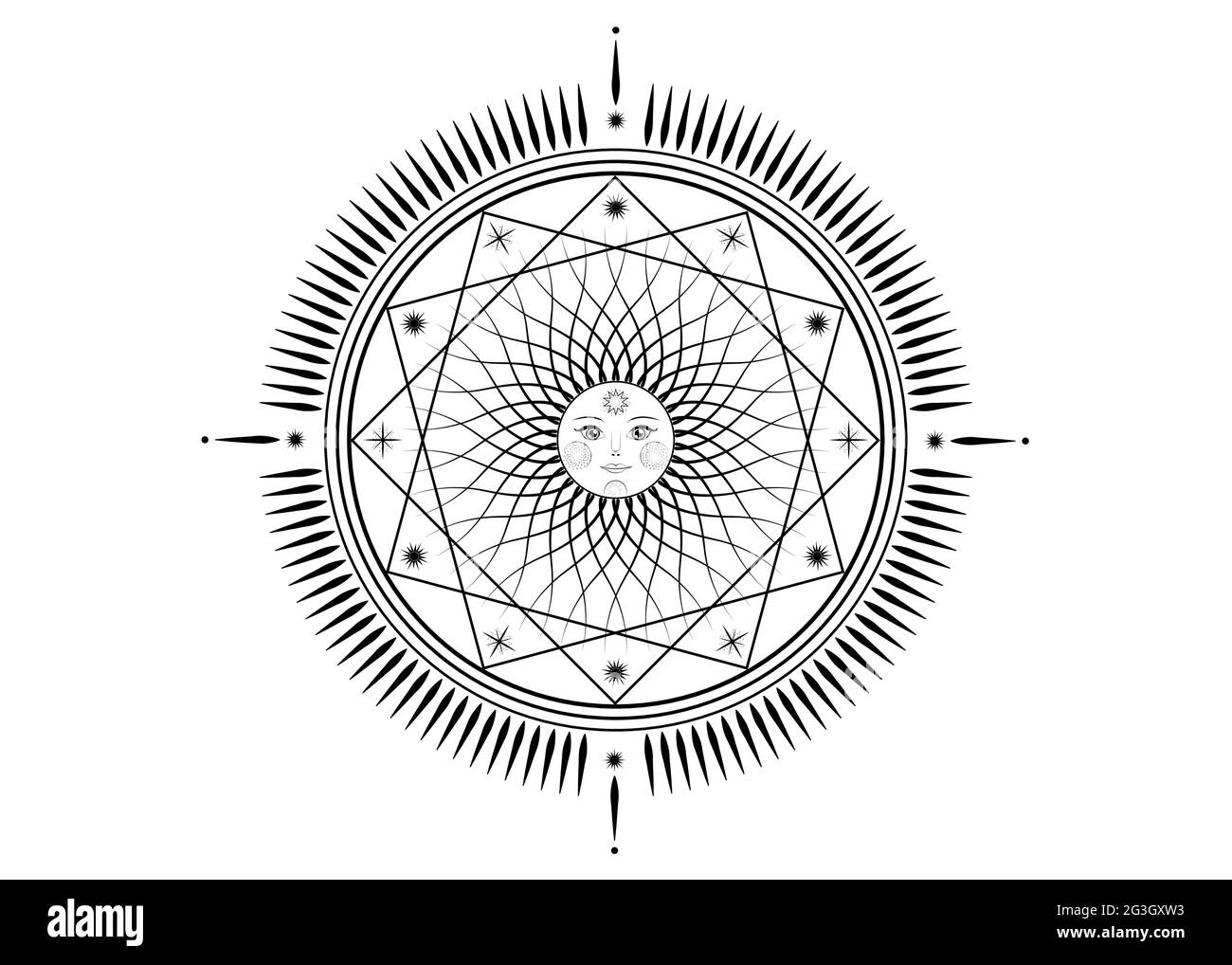 Sun Mystic Icon Sacred Geometry Sign Radial Rays Symbol Concept Of Sunlight Logo Mandala Tattoo Of Black Line Masonic Symbology Vector Isolated Stock Vector Image Art Alamy