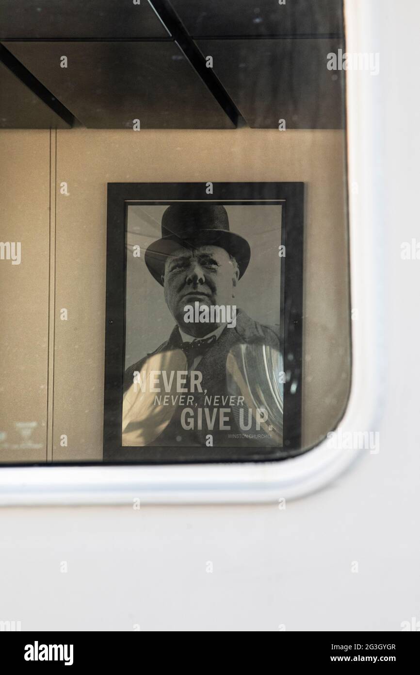 The Ingenuity Fishing Trawler moorded at Grimsby Fish Dock. It has a portrait of Sir Winston Churchill hanging in the Bridge of the boat which read 'Never ever ever give up.' Stock Photo
