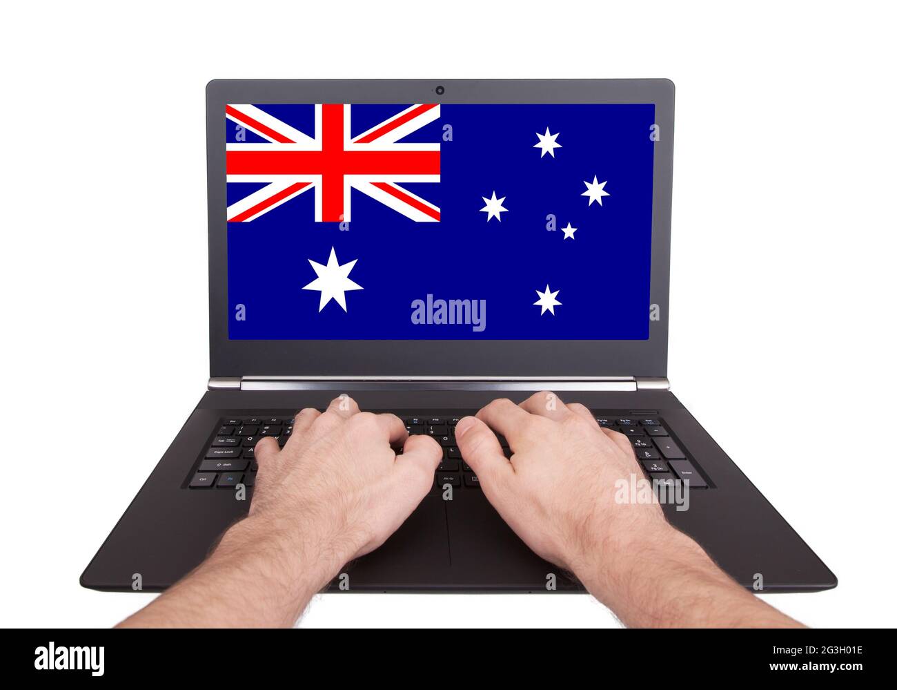 Hands working on laptop, Australia Stock Photo