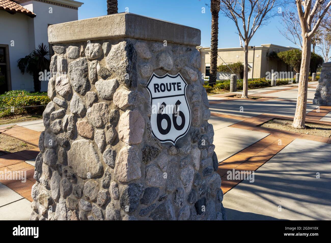 Rancho Cucamonga, CA, USA – February 6, 2021: A Route 66 sign on Foothill Boulevard in Rancho Cucamonga, California. Stock Photo