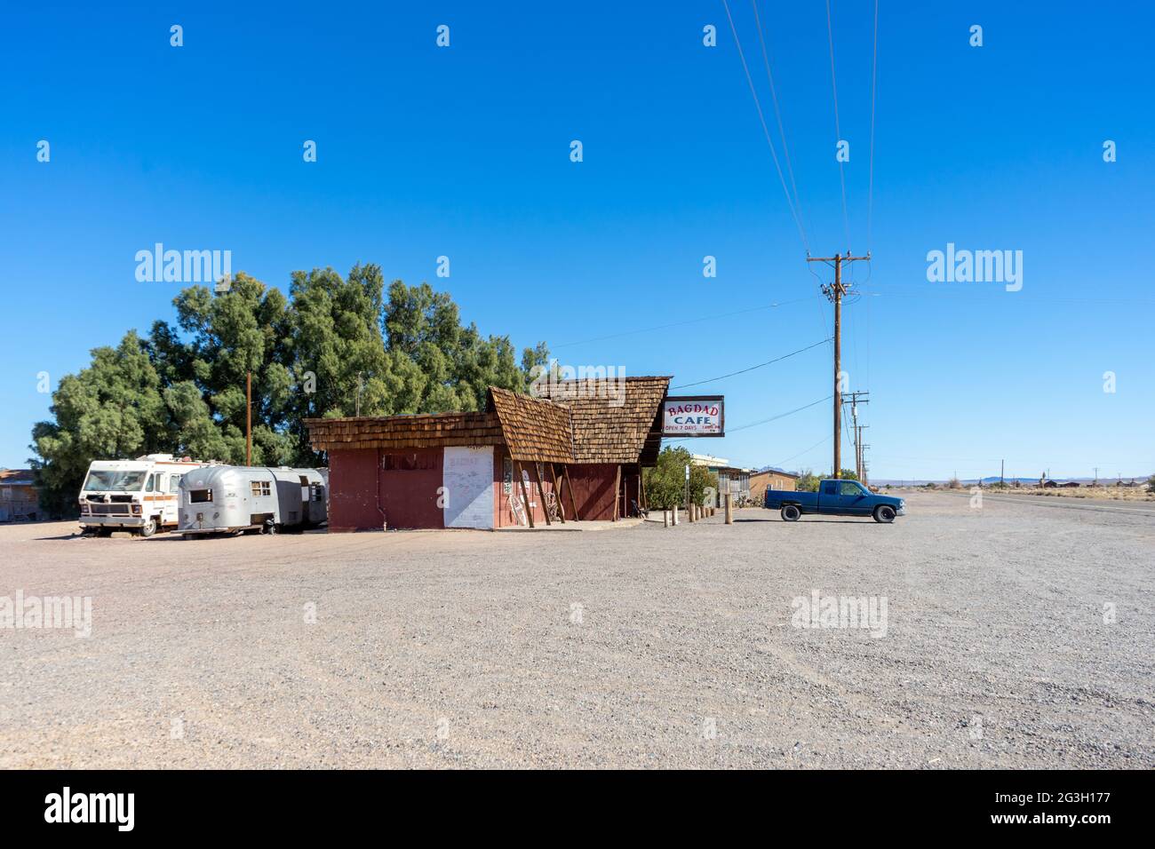 Newberry Springs, CA, USA – February 18, 2021: Wide angle view of the Bagdad Cafe on Route 66 located in the Mojave Desert Town of Newberry Springs, C Stock Photo