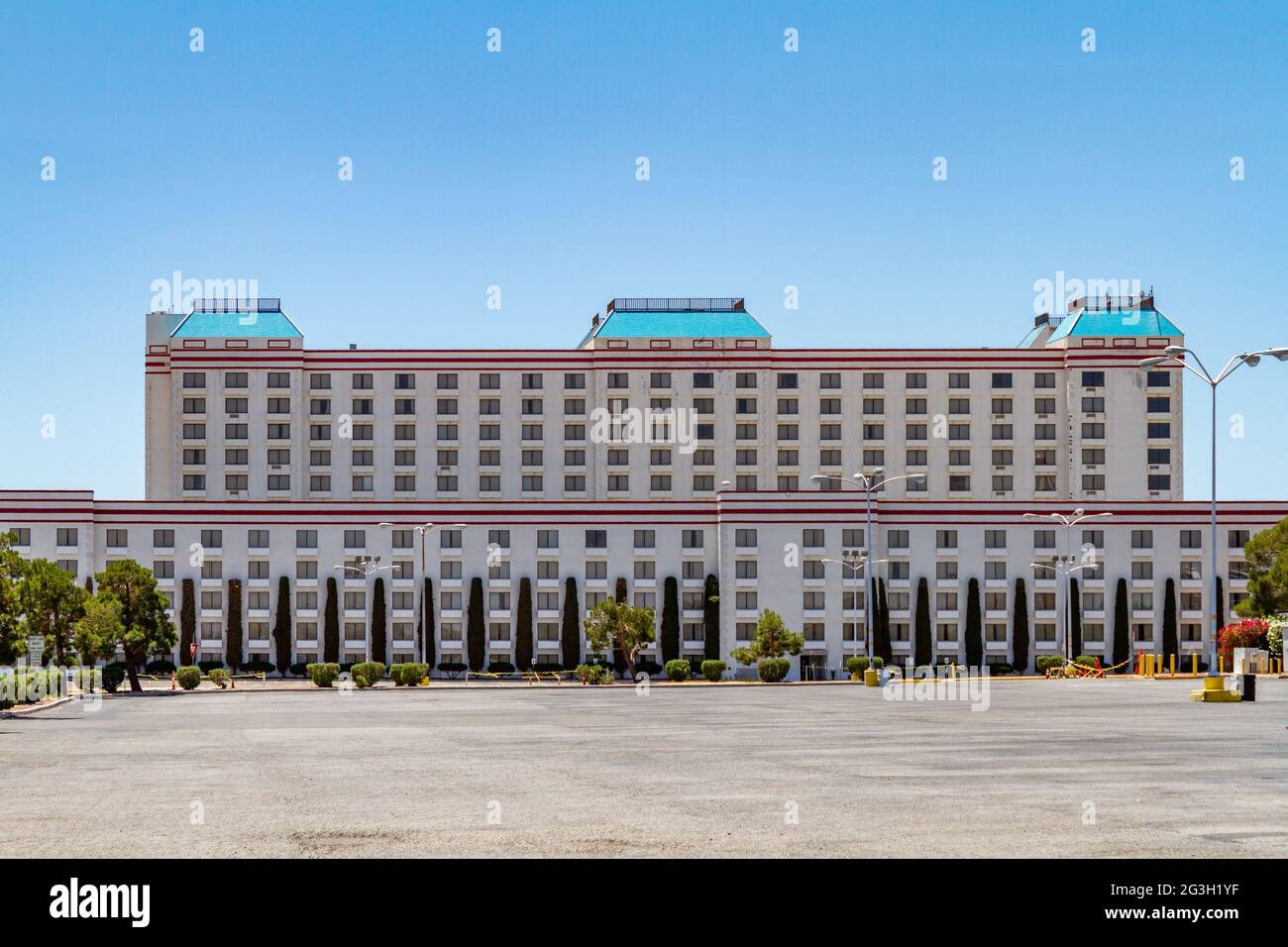 Jean, NV, USA – June 6, 2021: Exterior building view of Terrible’s Hotel and Casino located in Jean, Nevada, temporally closed due to COVID-19. Stock Photo