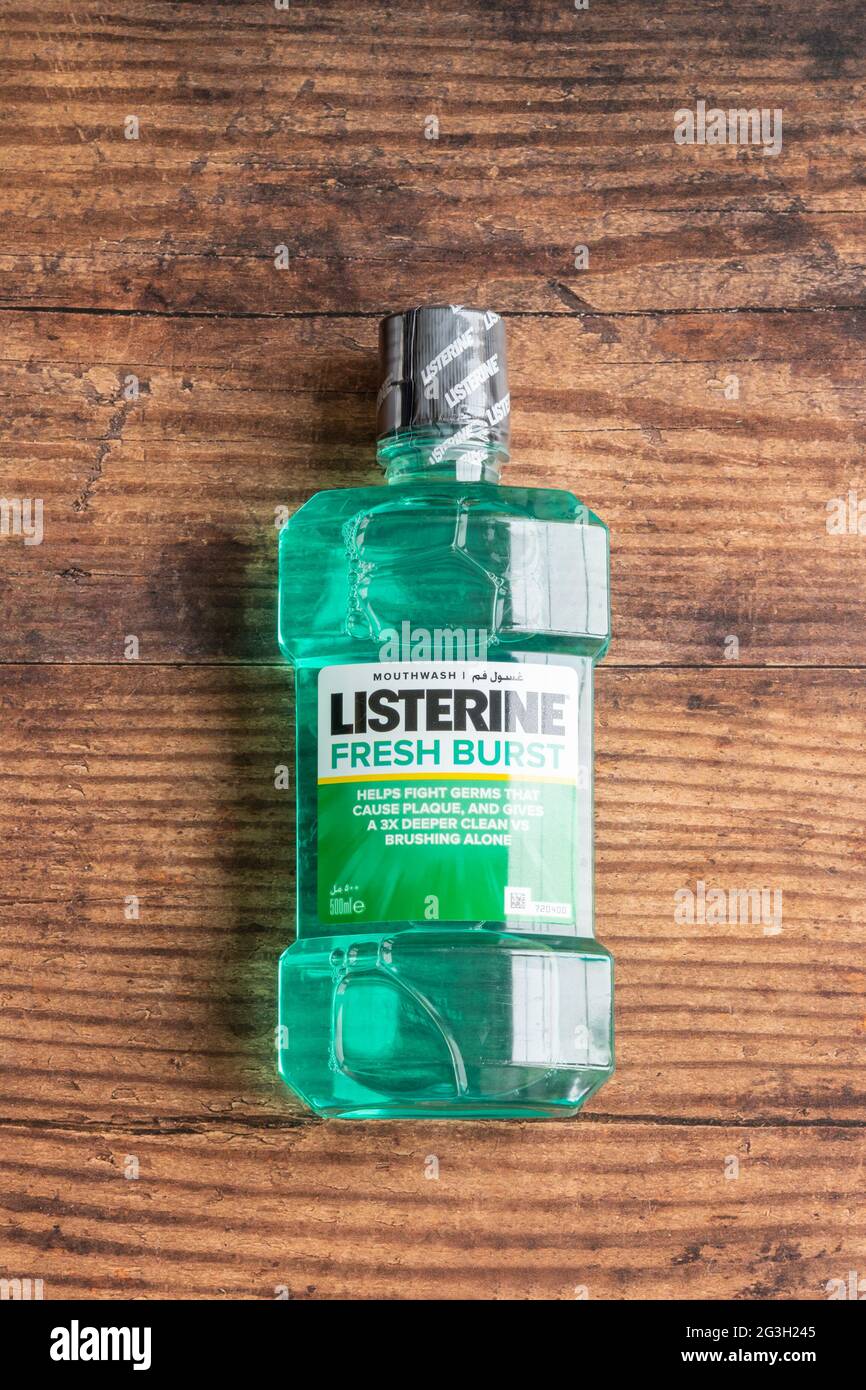 Irvine, Scotland, UK June 15, 2021 Listerine 500ml bottle of mouth