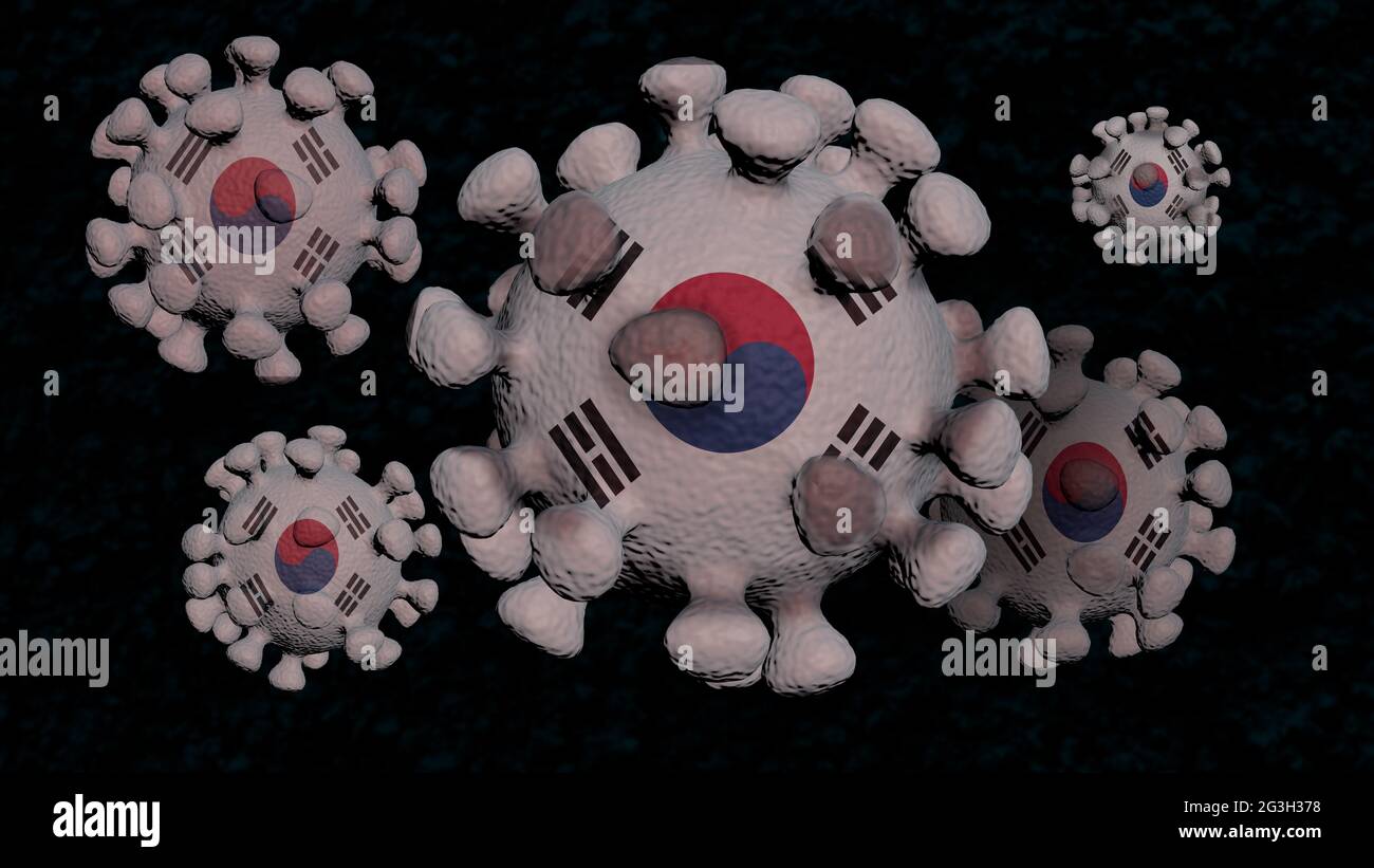 COVID in South Korea country, 3d concept of flag above coronaviruses Stock Photo