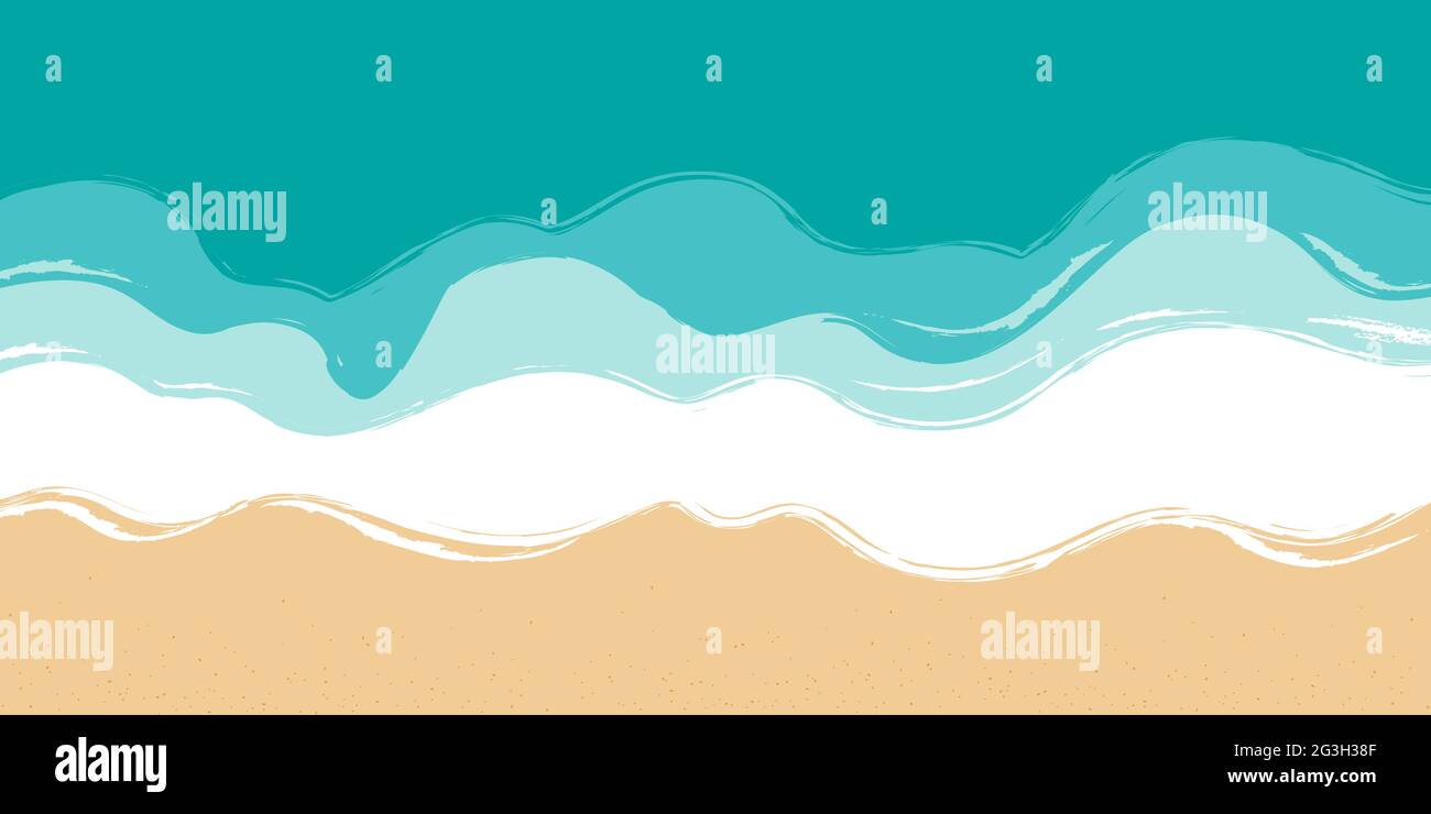Beach, sand, seashore with blue azure waves. Sea coast top view, aerial view. Ocean, marine background. Hand drawn vector illustration. Stock Vector