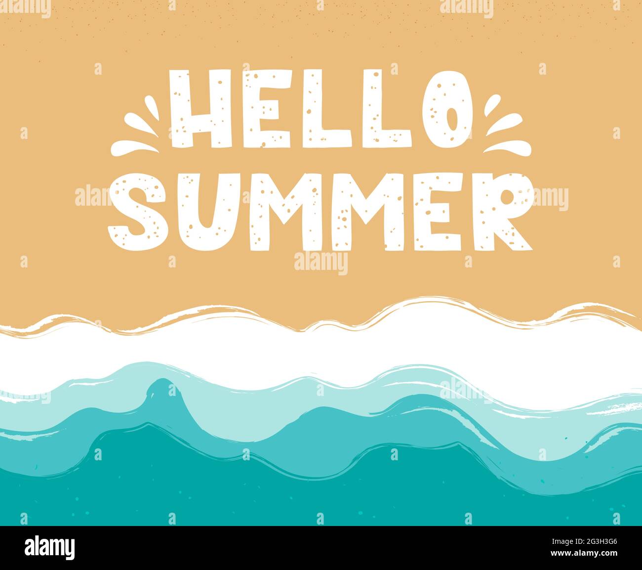 Hello Summer - lettering in the sand. Beach, sand, seashore with blue azure waves. Sea coast top view, aerial view. Ocean, marine background. Hand drawn vector illustration. Stock Vector