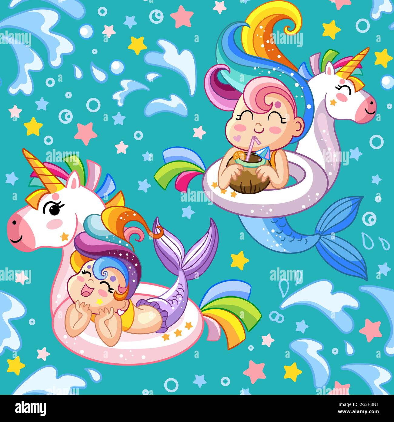 Seamless vector pattern with cute cartoon mermaids and inflatable ...