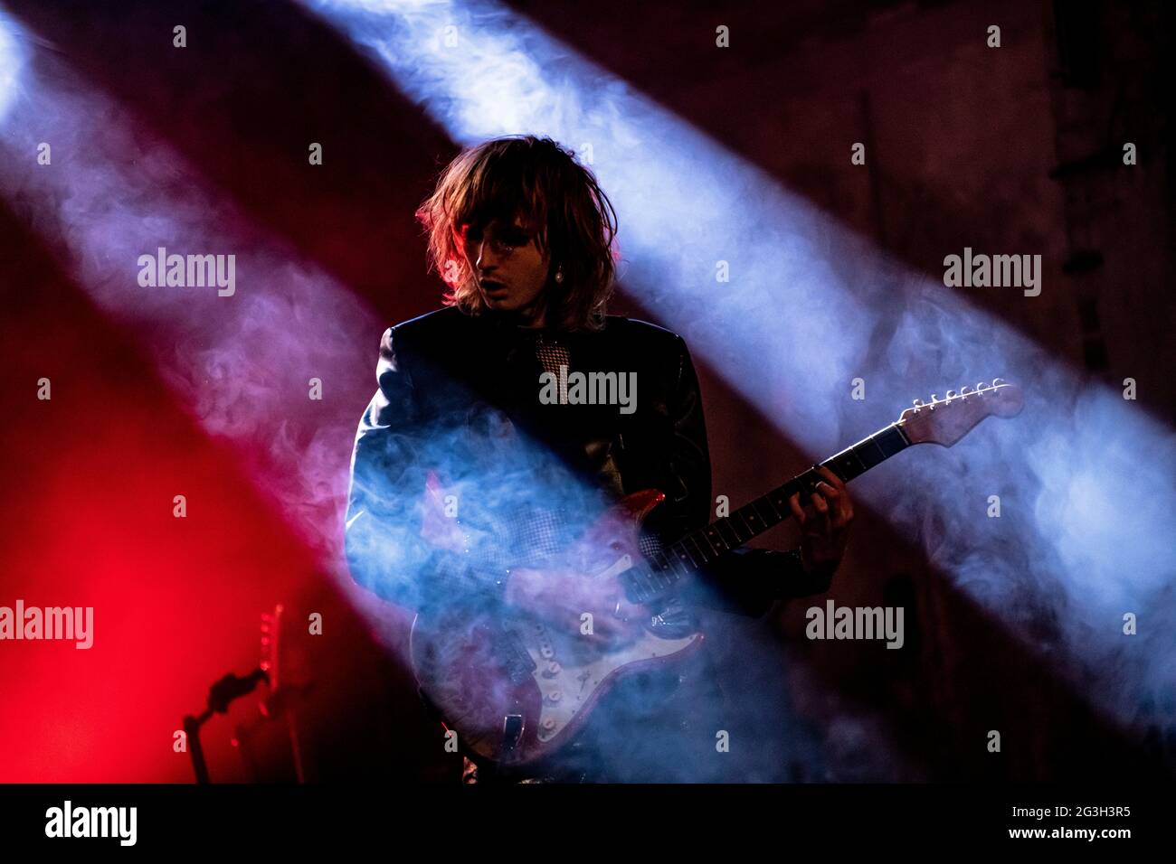 Berlin, Germany. 16th June, 2021. Thomas Raggi of the band Maneskin performs at a live concert for the video portal TikTok at the SchwuZ Queer Club. Credit: Fabian Sommer/dpa/Alamy Live News Stock Photo