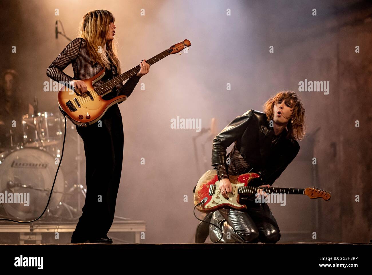 Berlin, Germany. 16th June, 2021. Victoria De Angelis and Thomas Raggi of the band Maneskin play a live concert for the video portal TikTok at the SchwuZ Queer Club. Credit: Fabian Sommer/dpa/Alamy Live News Stock Photo