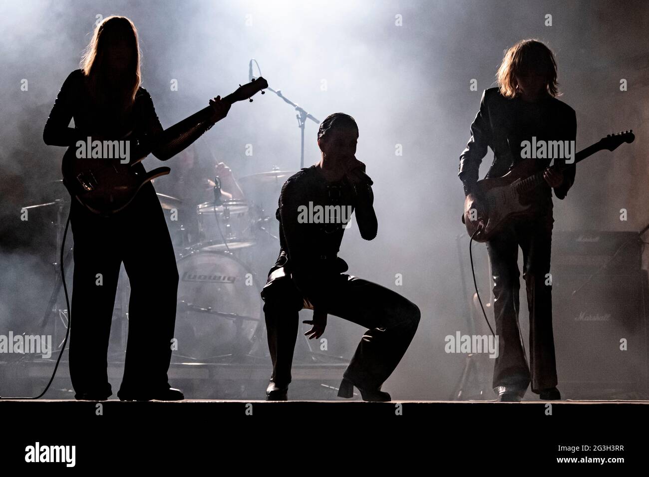 Berlin, Germany. 16th June, 2021. Victoria De Angelis (l-r), Damiano David and Thomas Raggi of the band Maneskin perform a live concert for the video portal TikTok at SchwuZ Queer Club. Credit: Fabian Sommer/dpa/Alamy Live News Stock Photo