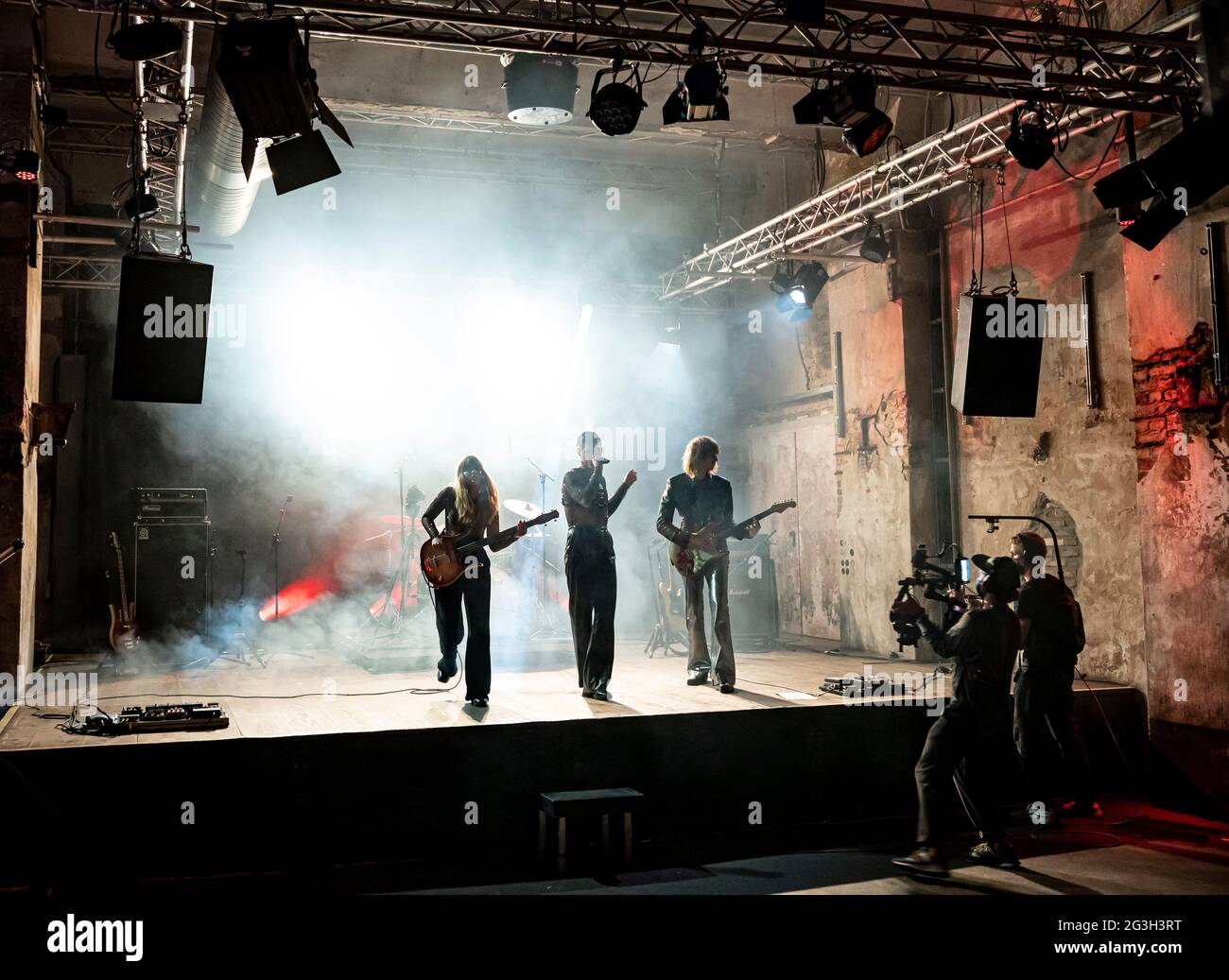 Berlin Germany 16th June 2021 Victoria De Angelis L R Damiano David And Thomas Raggi Of The Band Maneskin Perform A Live Concert For The Video Portal Tiktok At Schwuz Queer Club Credit