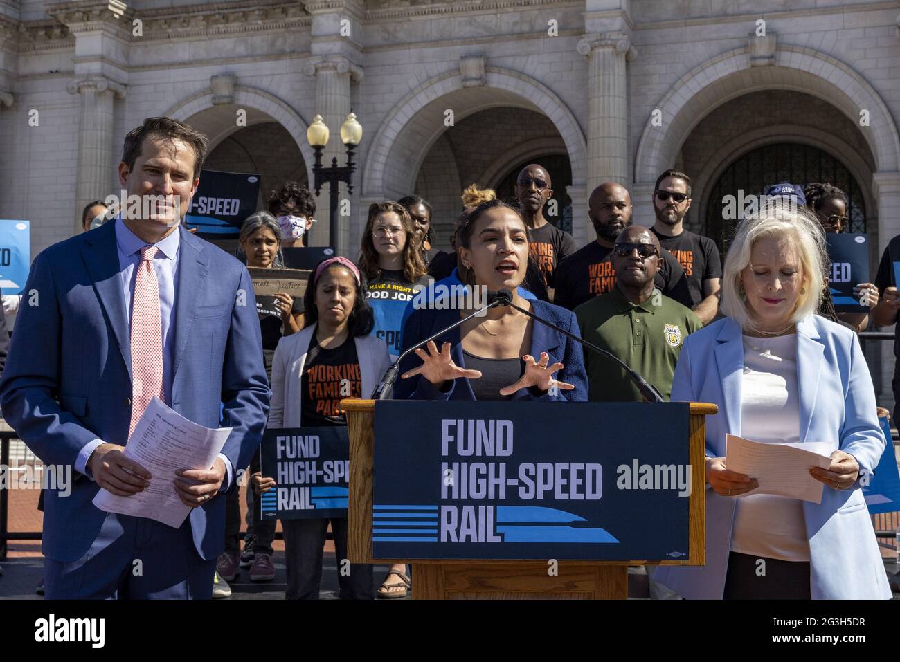 Washington, United States. 16th June, 2021. Rep. Alexandria Ocasio-Cortez, D-NY speaks during an event outside Union Station in Washington, DC on Wednesday, June 16, 2021. Rep. Alexandria Ocasio-Cortez called for federal funding for high speed rail in the upcoming infrastructure package being worked on. Photo by Tasos Katopodis/UPI Credit: UPI/Alamy Live News Stock Photo