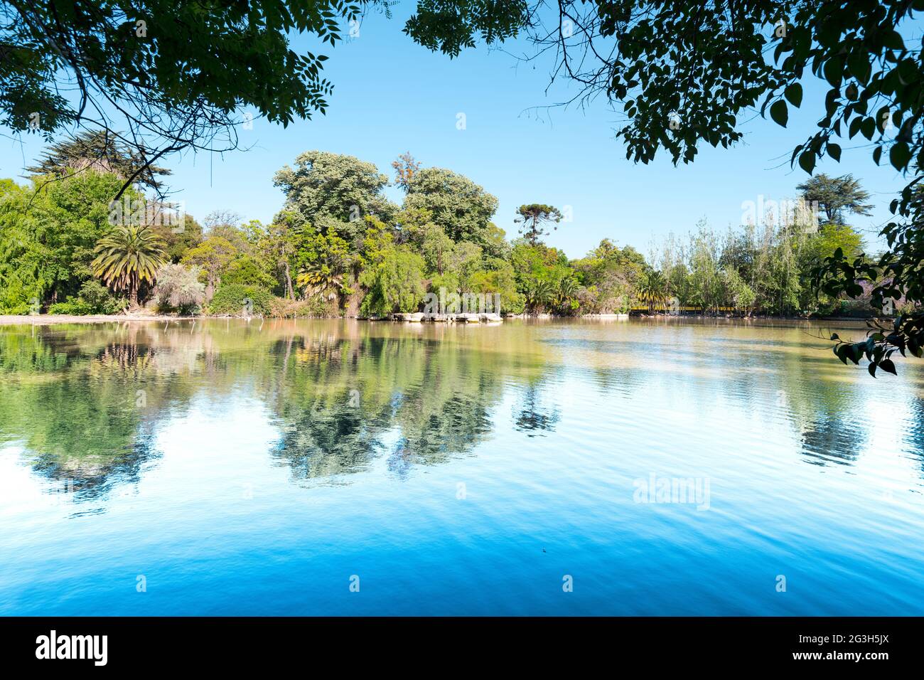 View of the pond at Tibet Garden in Parque O'Higgins public park, Santiago de Chile Stock Photo