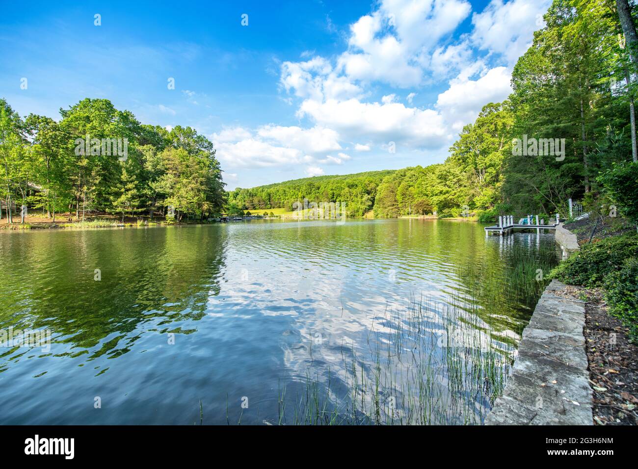 Scenic panorama of Lake Dartmoor in Tennessee shows a very calm, glassy lake surface with rich, healthy oak trees lining the shoreline. Stock Photo