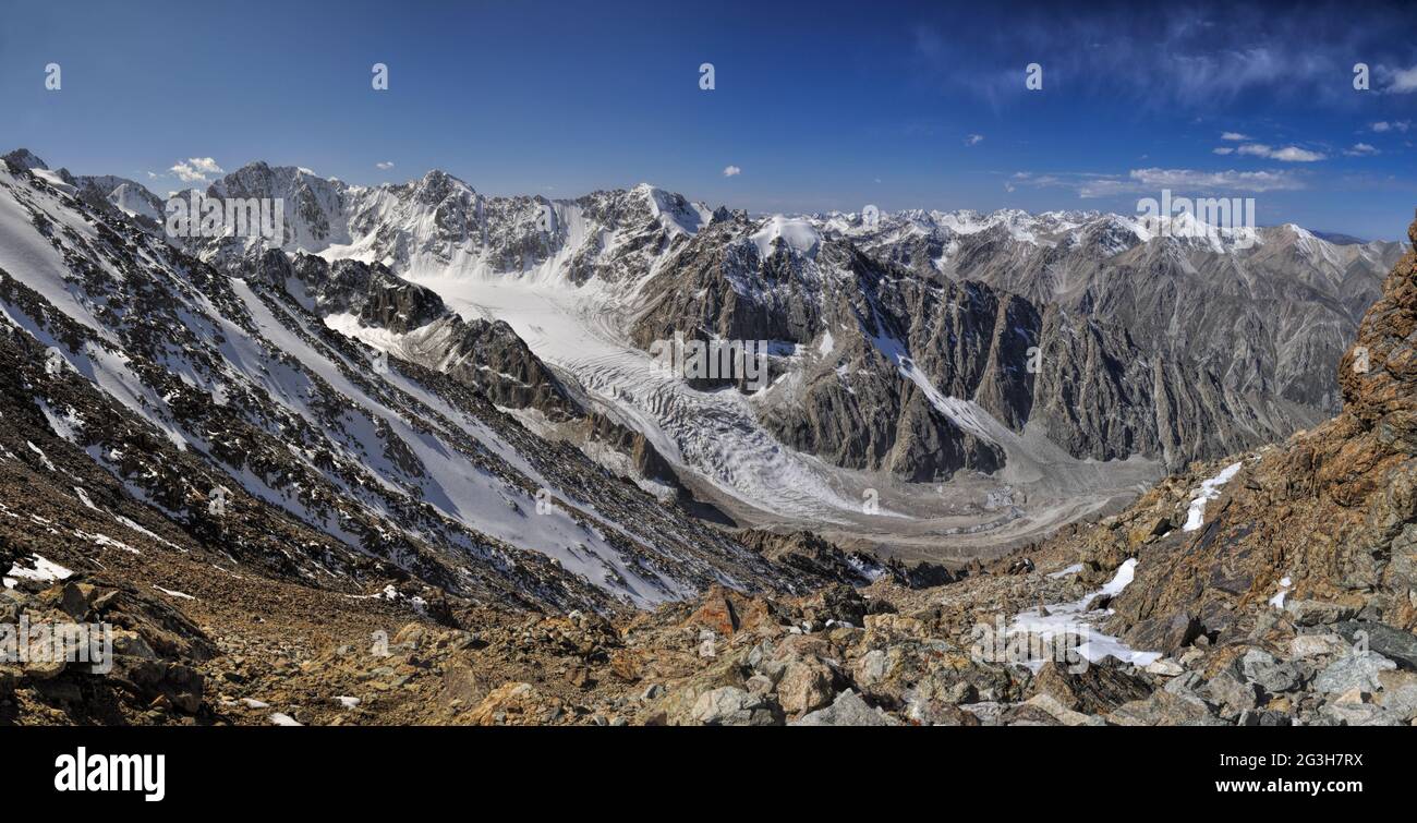 Scenic panorama of glacier in Ala Archa national park in Tian Shan mountain range in Kyrgyzstan Stock Photo