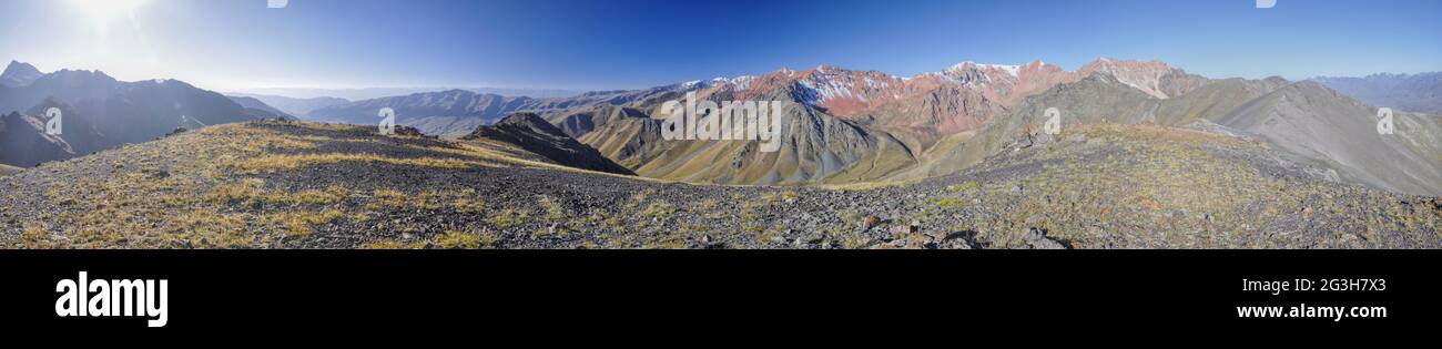 Scenic panorama of highest mountain peaks in Ala Archa national park in Tian Shan mountain range in Kyrgyzstan Stock Photo