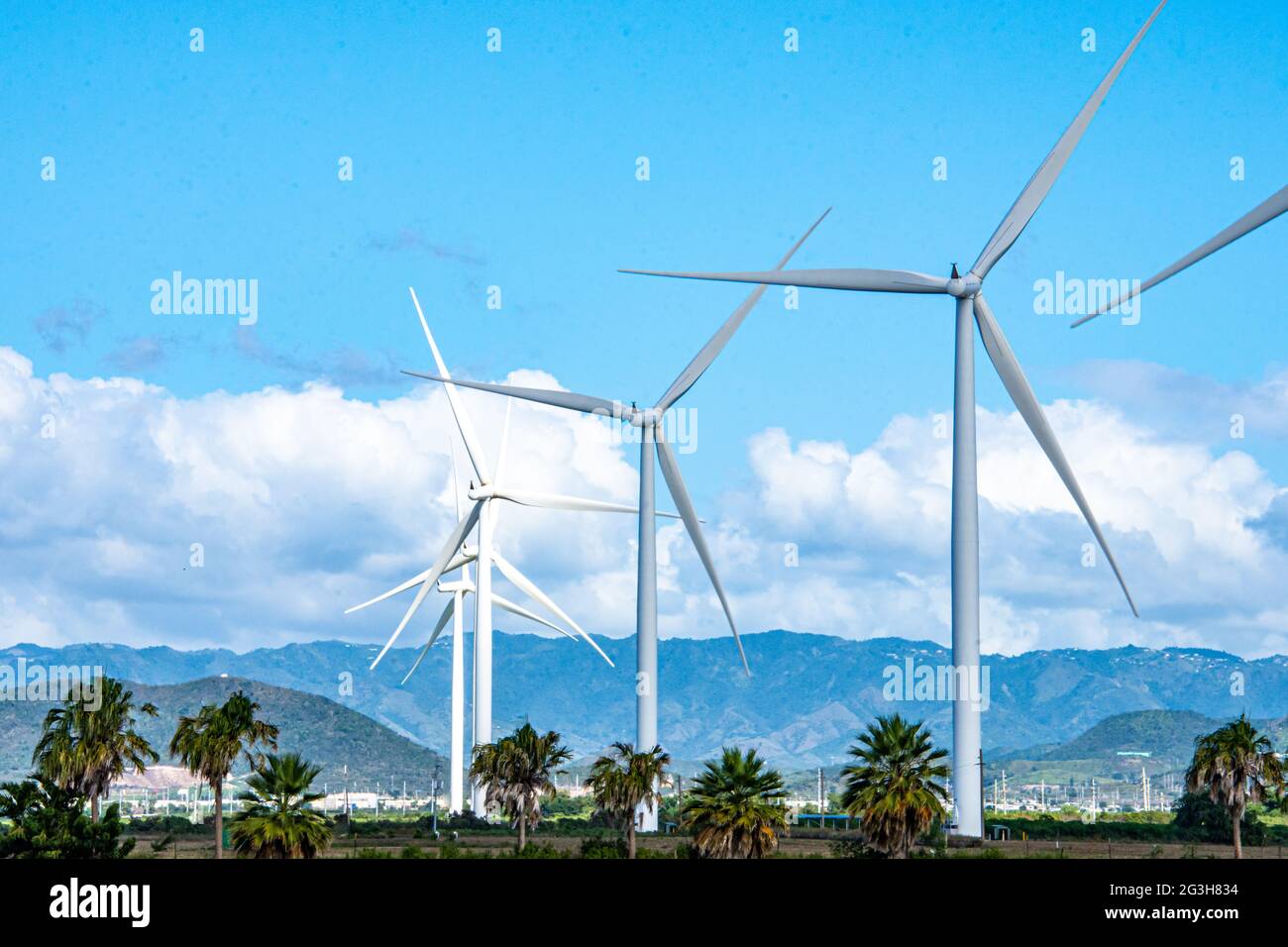 A wind farm generating clean, renewable energy. Copy space. Stock Photo