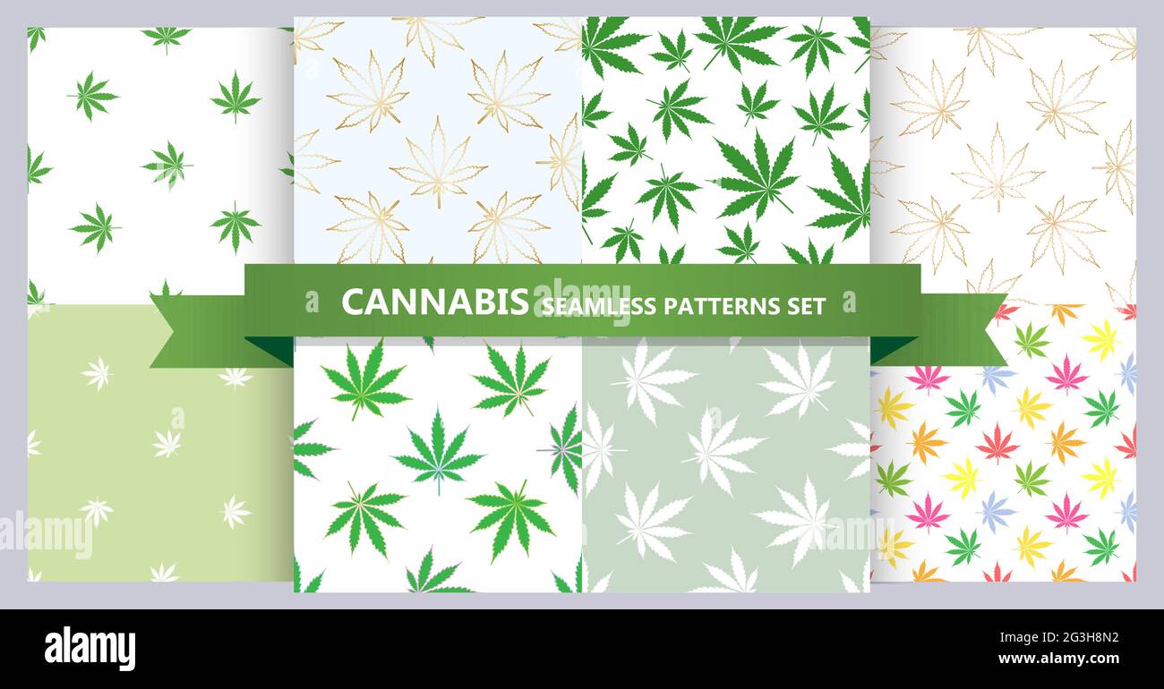 Set of cannabis seamless pattern. Bundle of marijuana leaves patterns. Hemp leaf gold and green. Vector illustration bundle for medical and cosmetic u Stock Vector