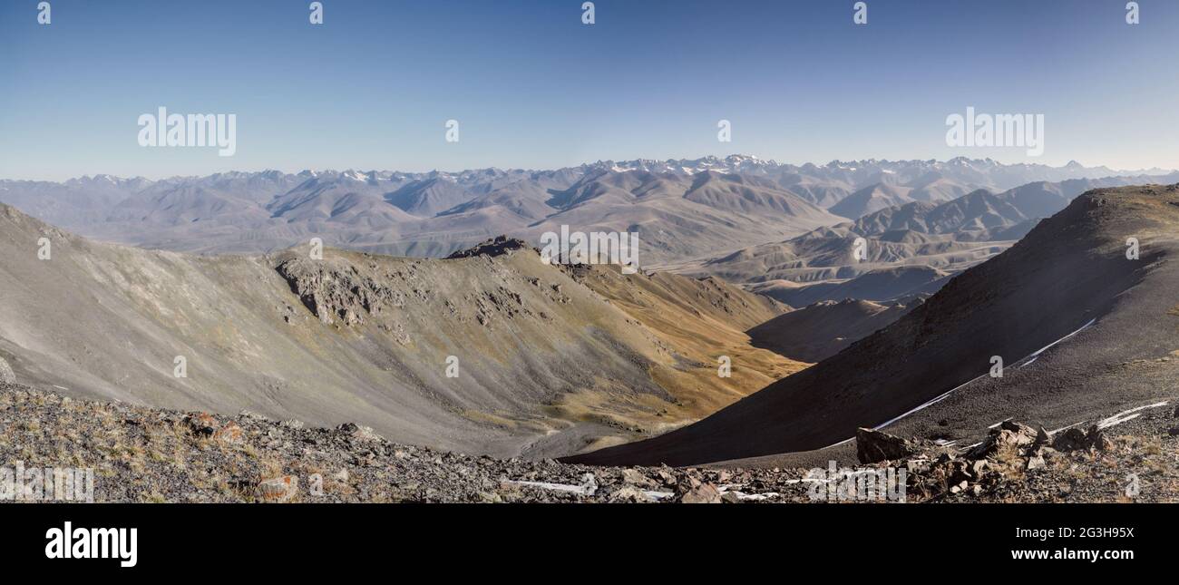 Scenic panorama of highest mountain peaks in Ala Archa national park in Tian Shan mountain range in Kyrgyzstan Stock Photo