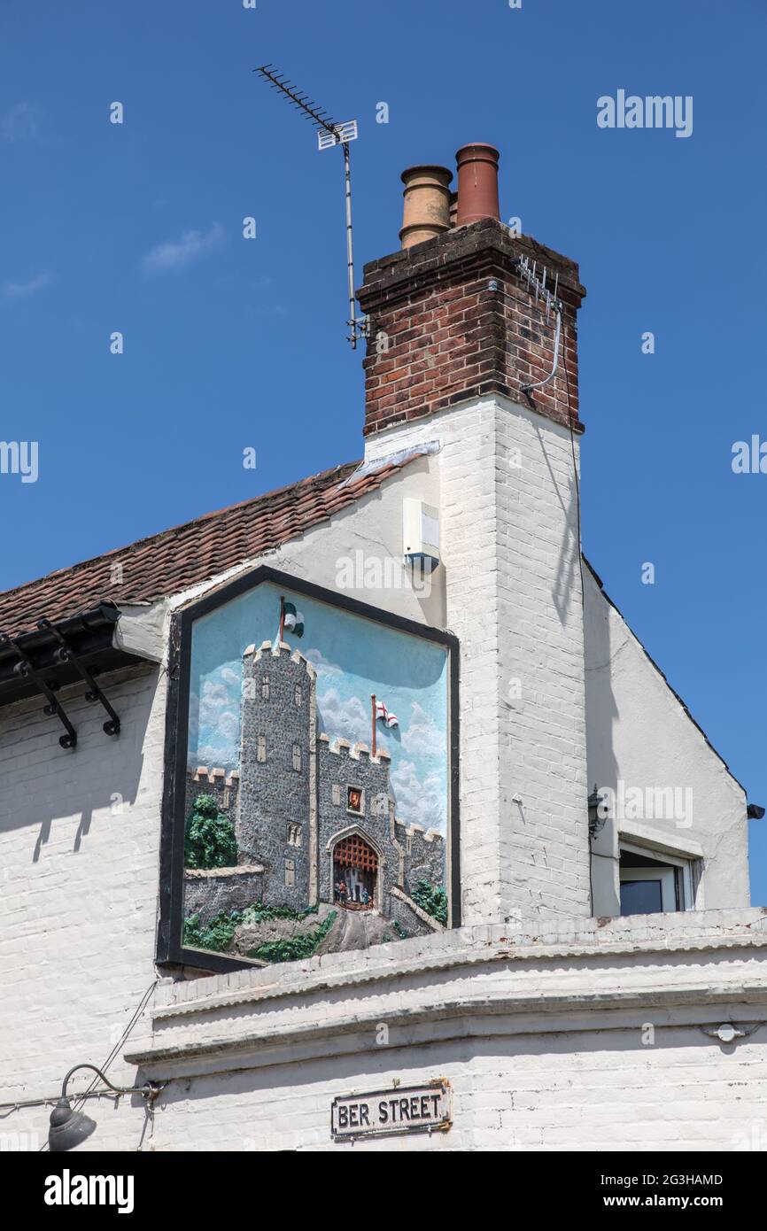 Norwich ancient city wall Berstrete Gates mural on restaurant wall. Stock Photo