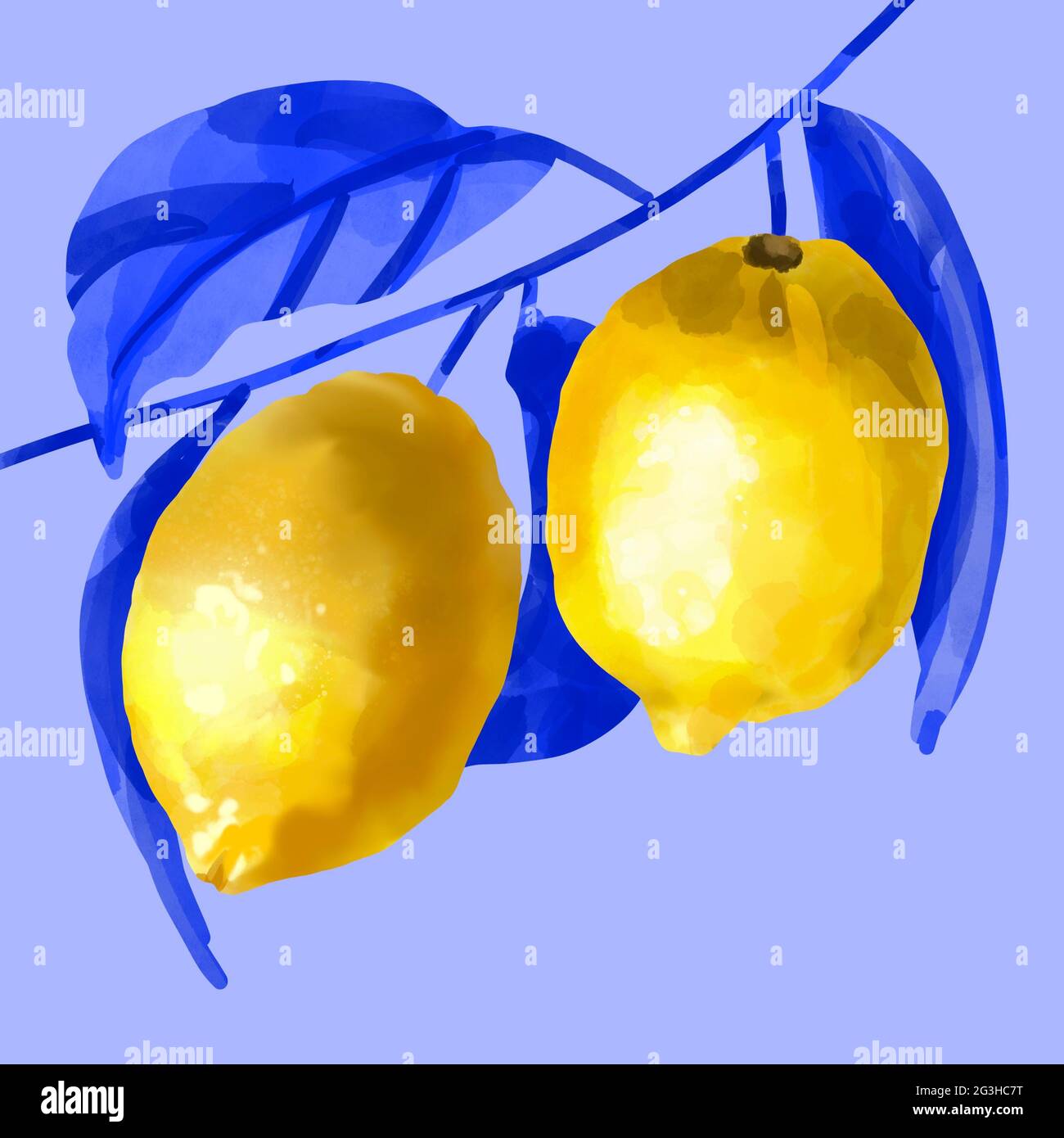 Watercolor illustration of two lemons with leaves on a blue background ...