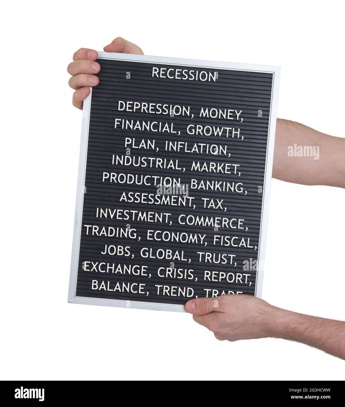 Recession concept in plastic letters on very old menu board Stock Photo