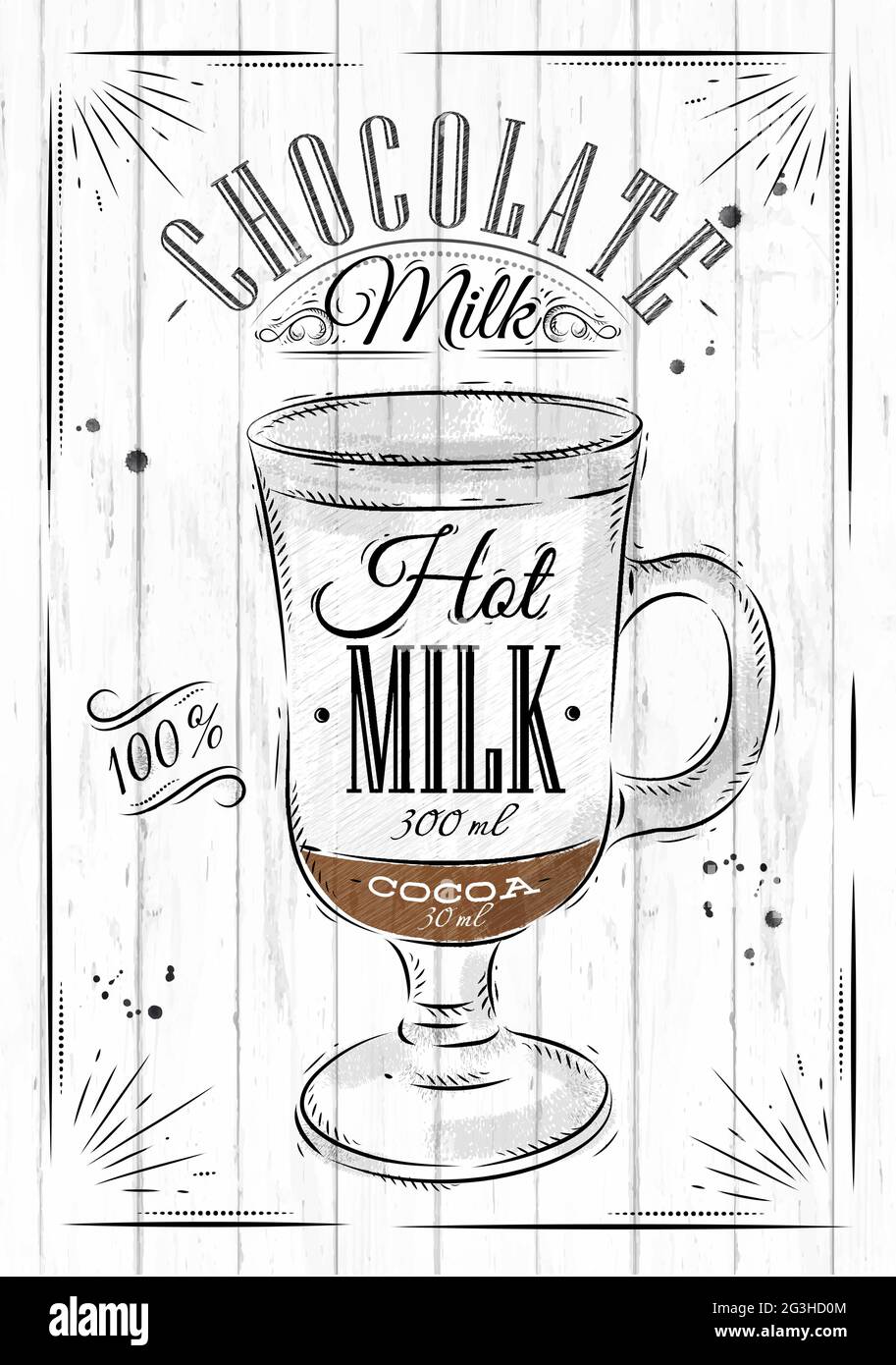 Poster coffee chocolate milk in vintage style drawing on wood