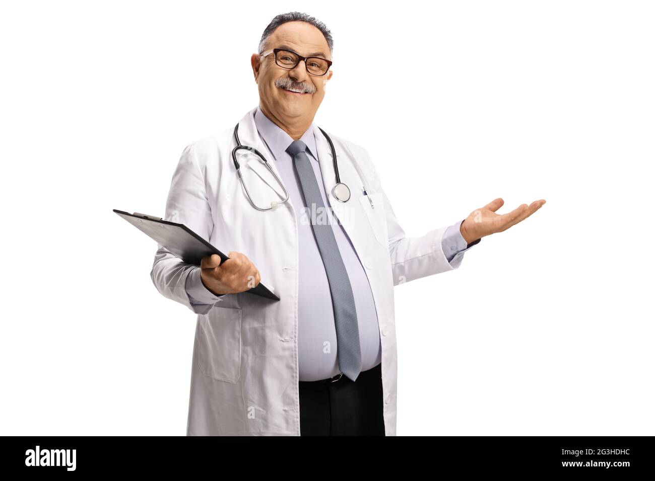 Smiling male doctor standing with a clipboard and welcoming with hand isolated on white background Stock Photo