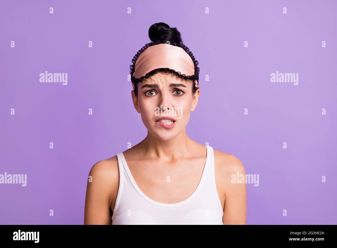 Photo of unhappy upset sad negative mood scared frightened girl bite