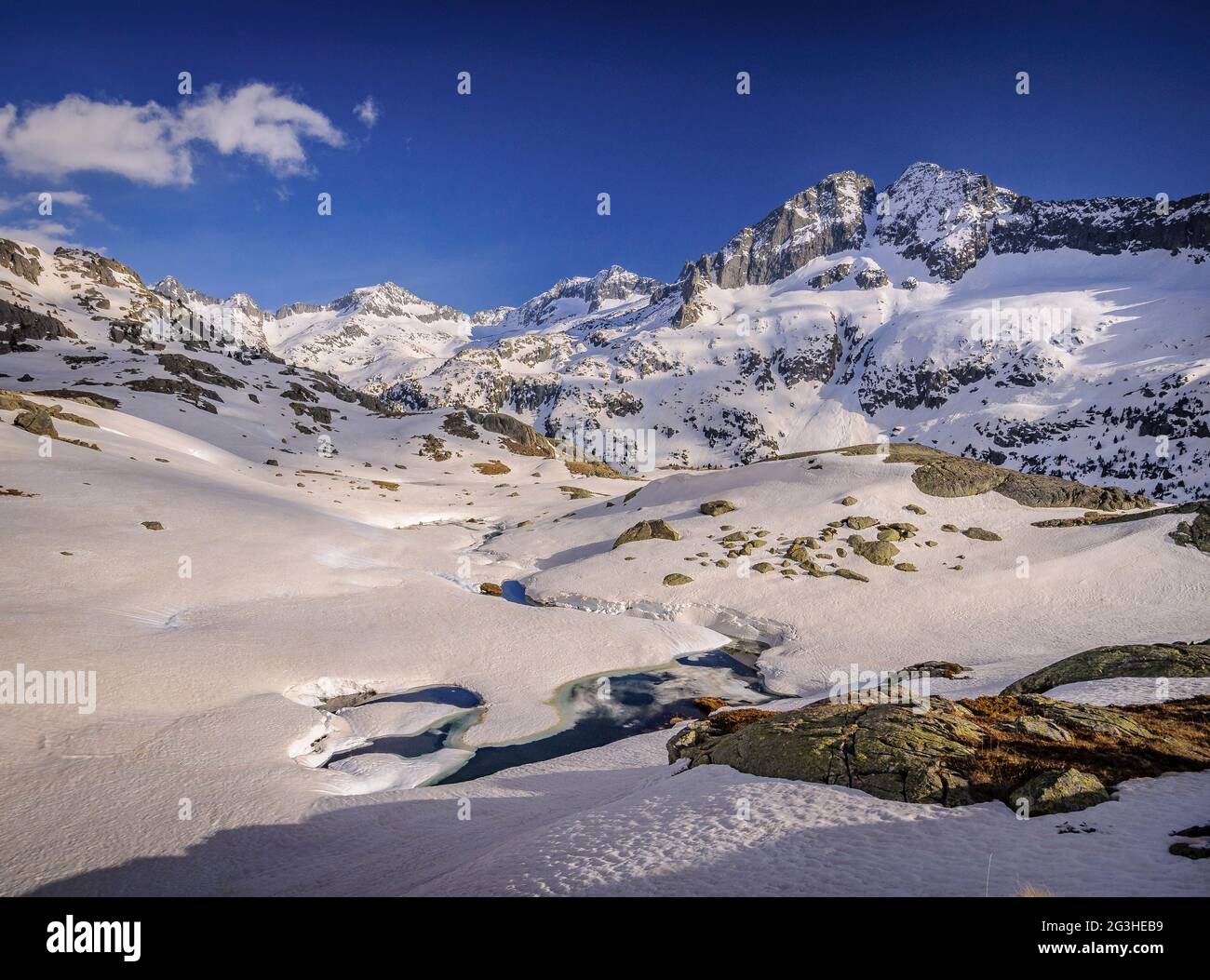 Winter afternoon in the surroundings of the Ventosa i Calvell mountain hut (Boí Valley, Catalonia, Spain) ESP: Tarde de invierno en los alrededor Stock Photo