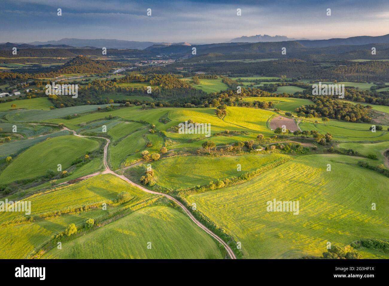 Aerial view of the green fields and surroundings near Navàs on a spring sunset (Bages, Barcelona, Catalonia, Spain) ESP: Vista aérea de campos verdes Stock Photo