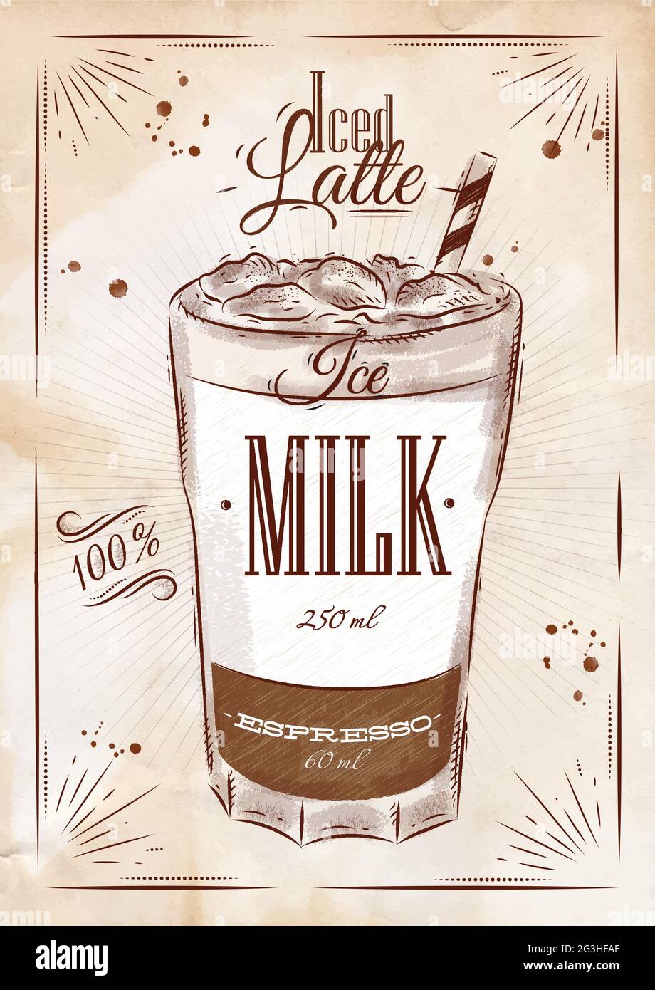 Poster coffee iced latte in vintage style drawing with chalk on the