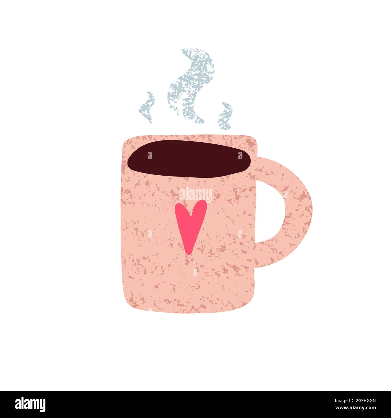 Cute mug with hot coffee. Hand drawn cup with tea, coffee isolated on white background. Beige texture, pink heart, steam. Cozy vector sticker. Good mo Stock Vector