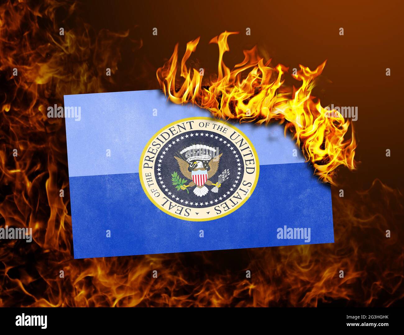 Flag burning - Presidential seal Stock Photo