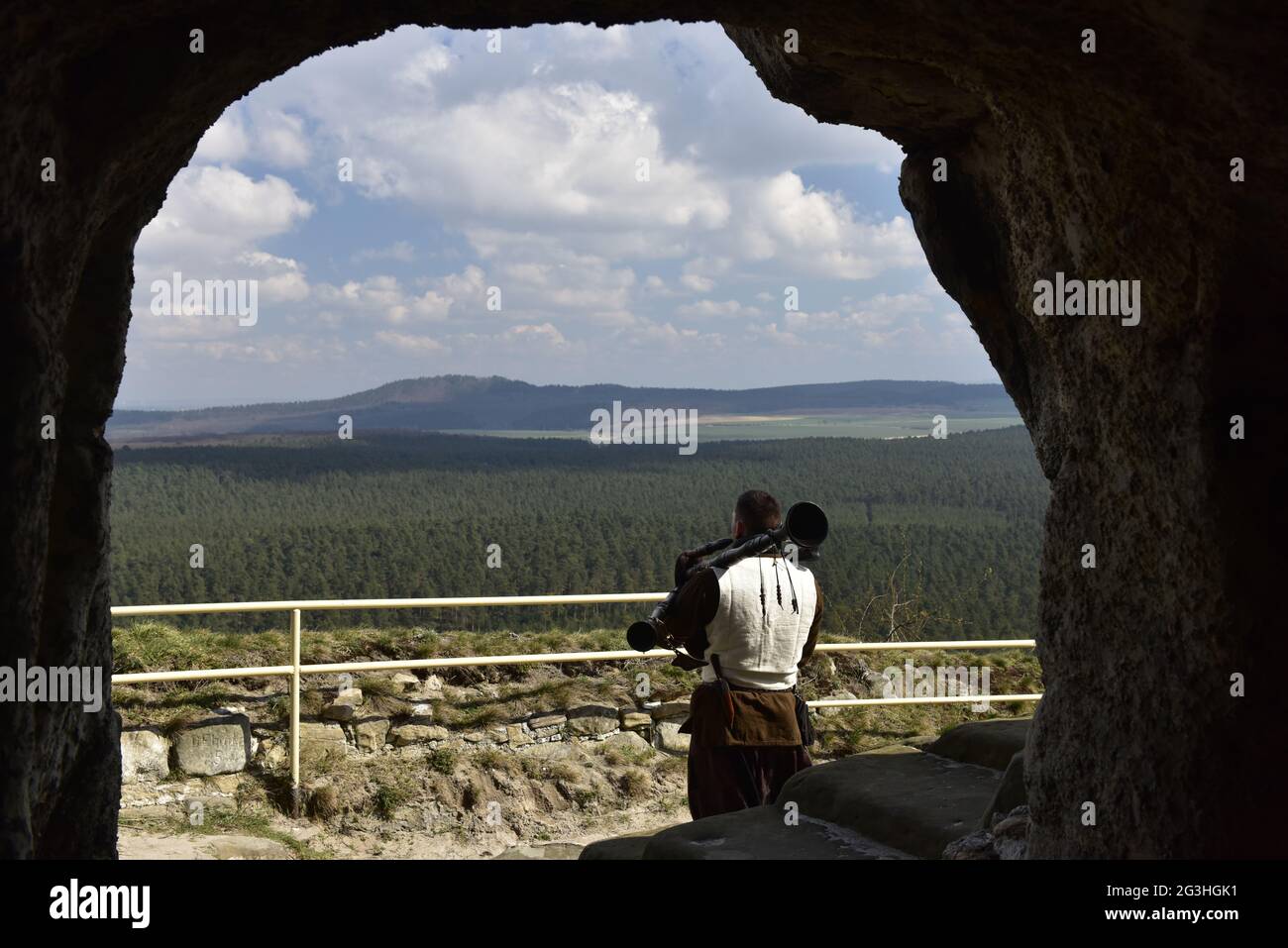 Bagpipe player at Regenstein Castle. Stock Photo