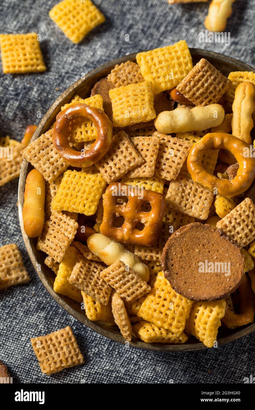 Homemade Salty Party Snack Mix with Cereal and Pretzels Stock Photo Alamy