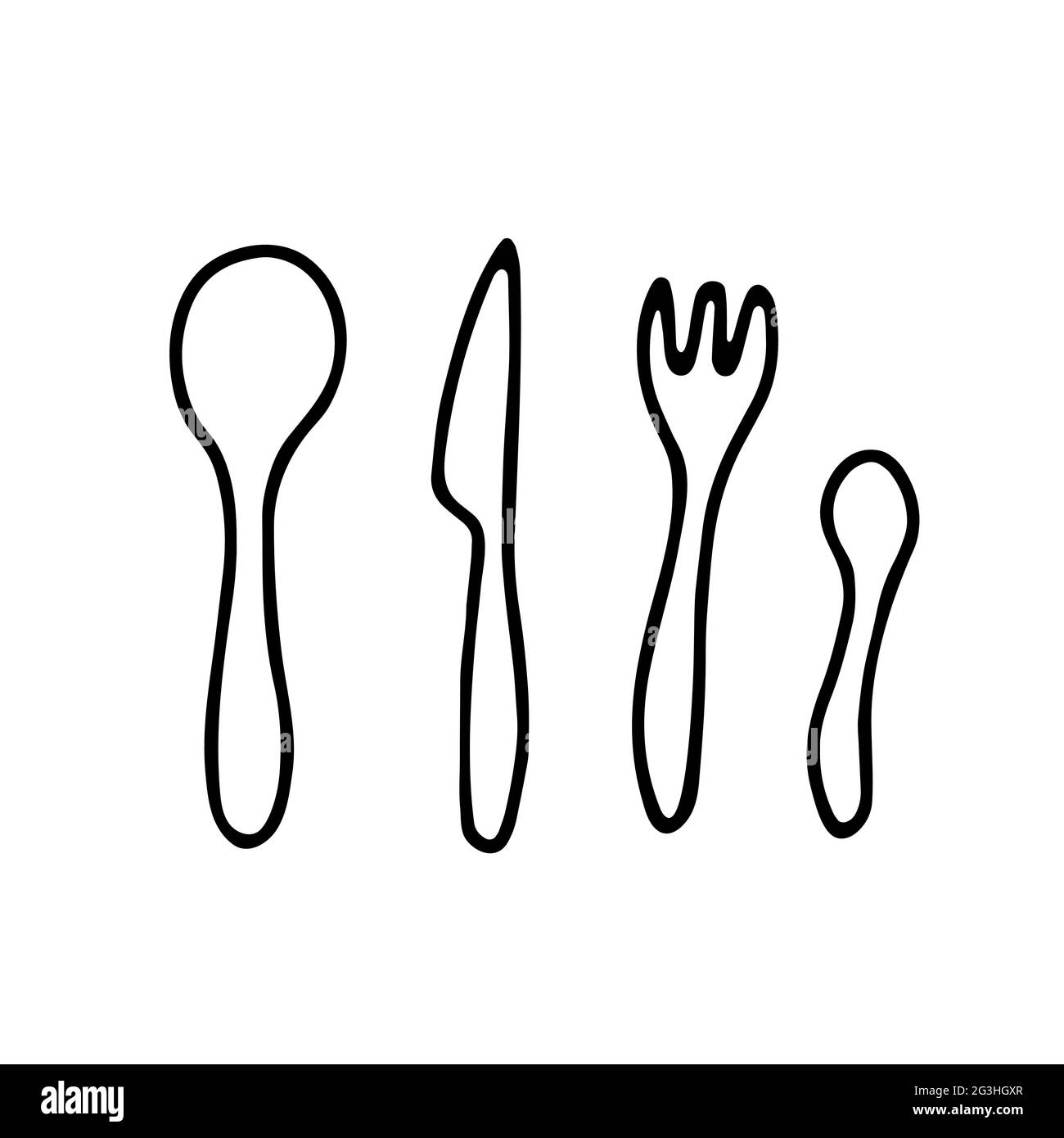 Doodle vector cutlery set. Outline spoon, fork, knife isolated on white background. Cozy kitchen utensils, cute kitchenware, dishes for dinner, lunch. Stock Vector