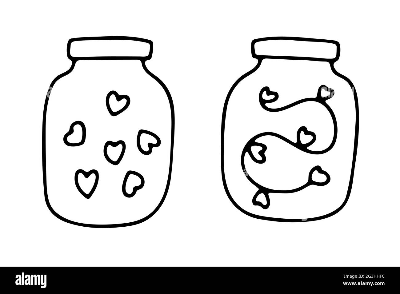 Doodle glass jars with hearts. Outline Transparent container isolated on white background. Valentine's day sign. Festive decoration, home decor. Love, Stock Vector