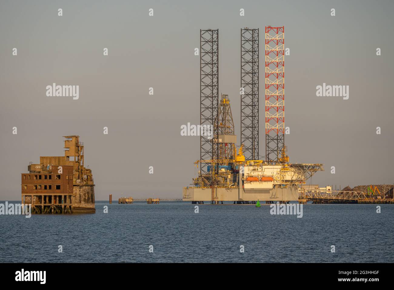 The grain fort looking towards the port of Sheerness, with oil platform moored in the Swale Stock Photo